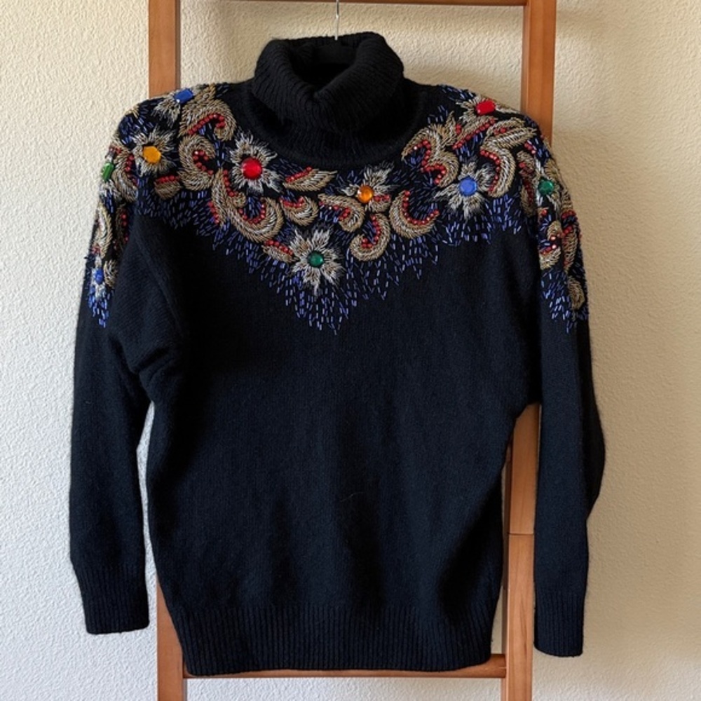 Vintage black I.B. diffusion silk and angora beaded sweater medium